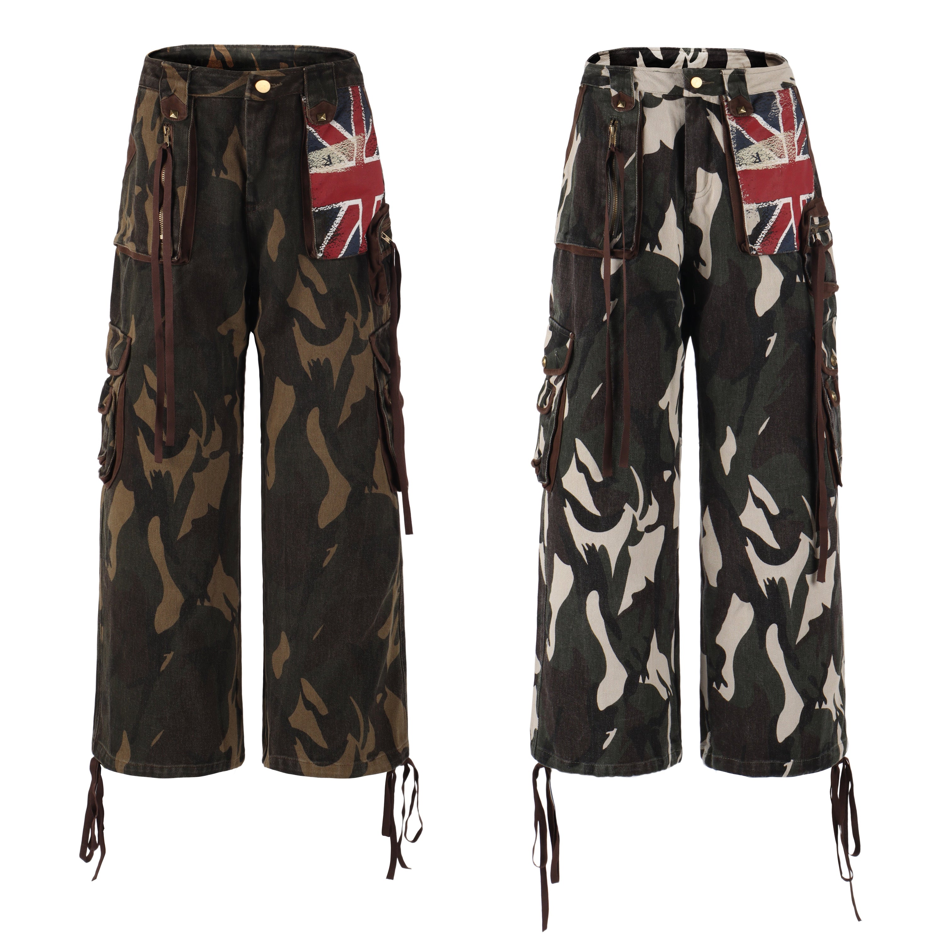 Two colorways of wide-leg camouflage cargo pants with Union Jack patch, zipper accents, and adjustable strap details