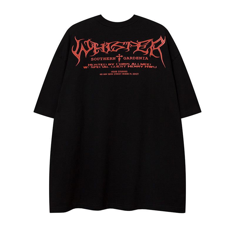 Oversized black graphic tee with red gothic lettering and relaxed short sleeves, streetwear style