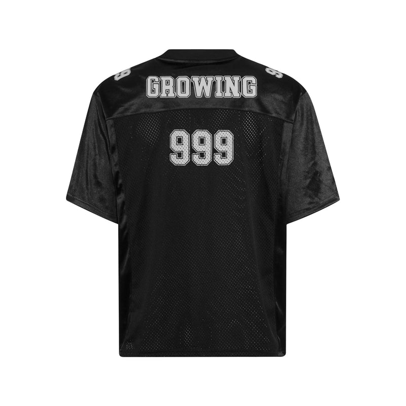 Black metallic mesh varsity jersey tee with GROWING and 999 graphic on the back