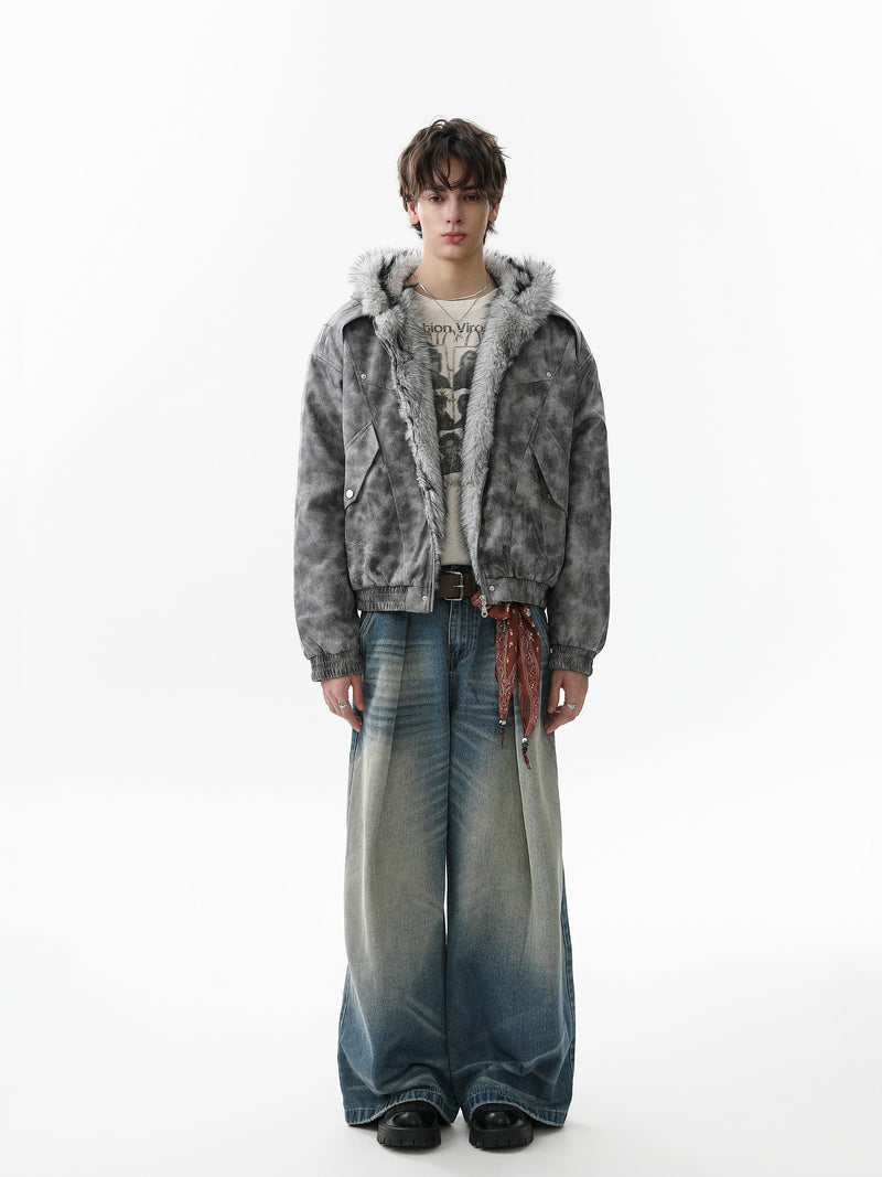 Washed Faux-Fur Hooded Bomber Jacket | Streetwear Winter Coat