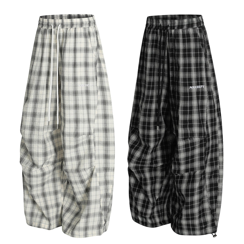 Ruched Plaid Wide-Leg Pants | Oversized Streetwear Bottoms