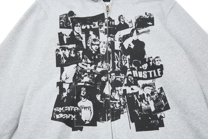 Close-up of light gray hoodie front collage print and zipper