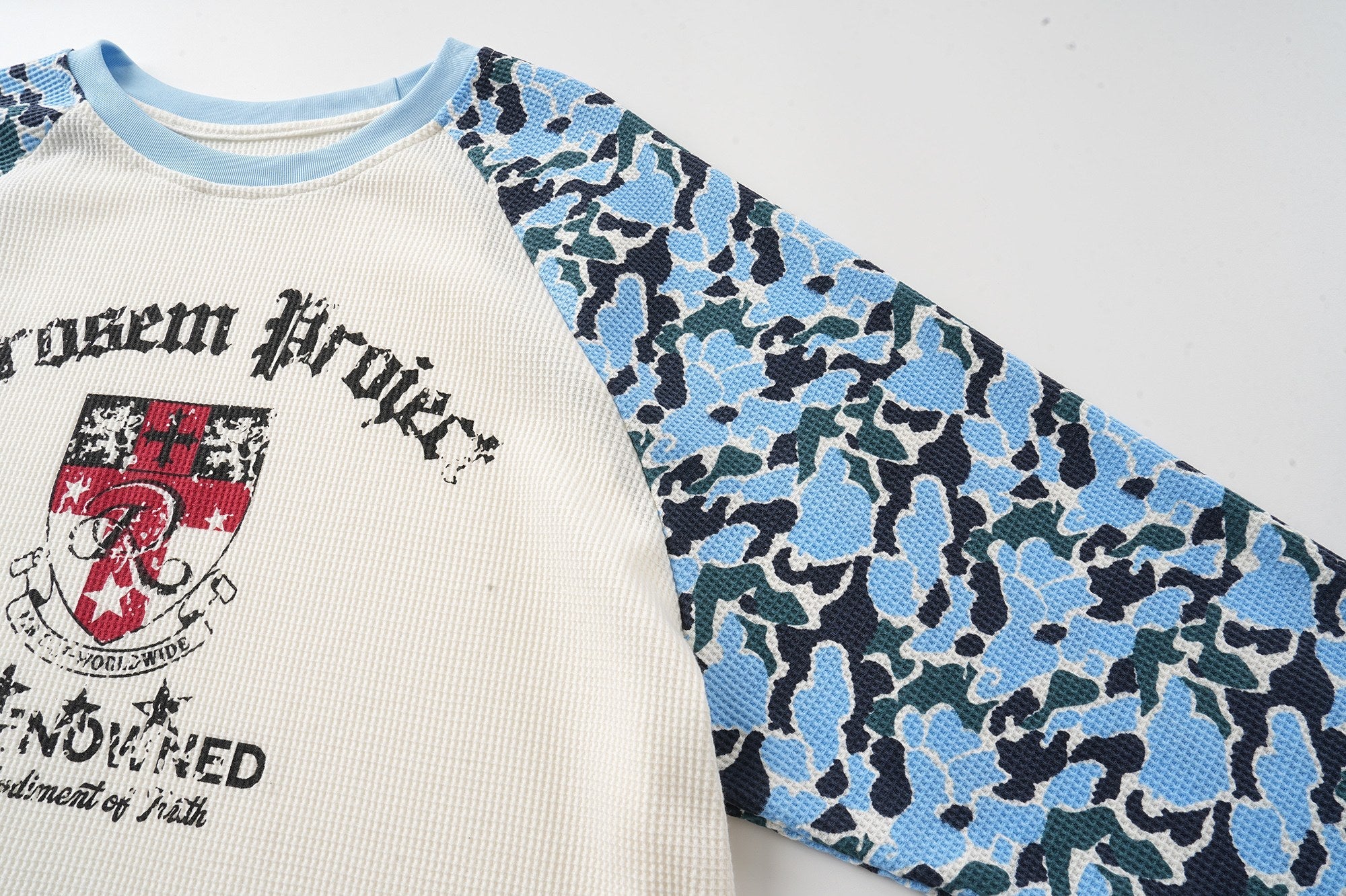 Camo Raglan Long Sleeve Tee | Streetwear Crest Graphic