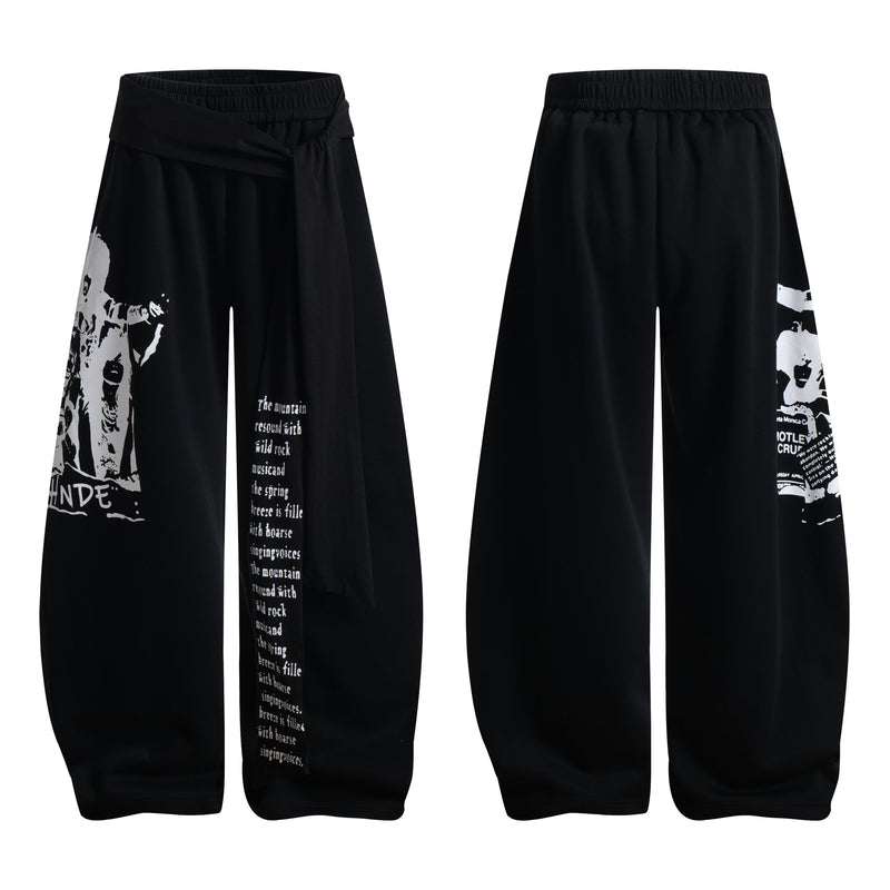 Rock Graphic Wide-Leg Wrap Pants | Streetwear Drape