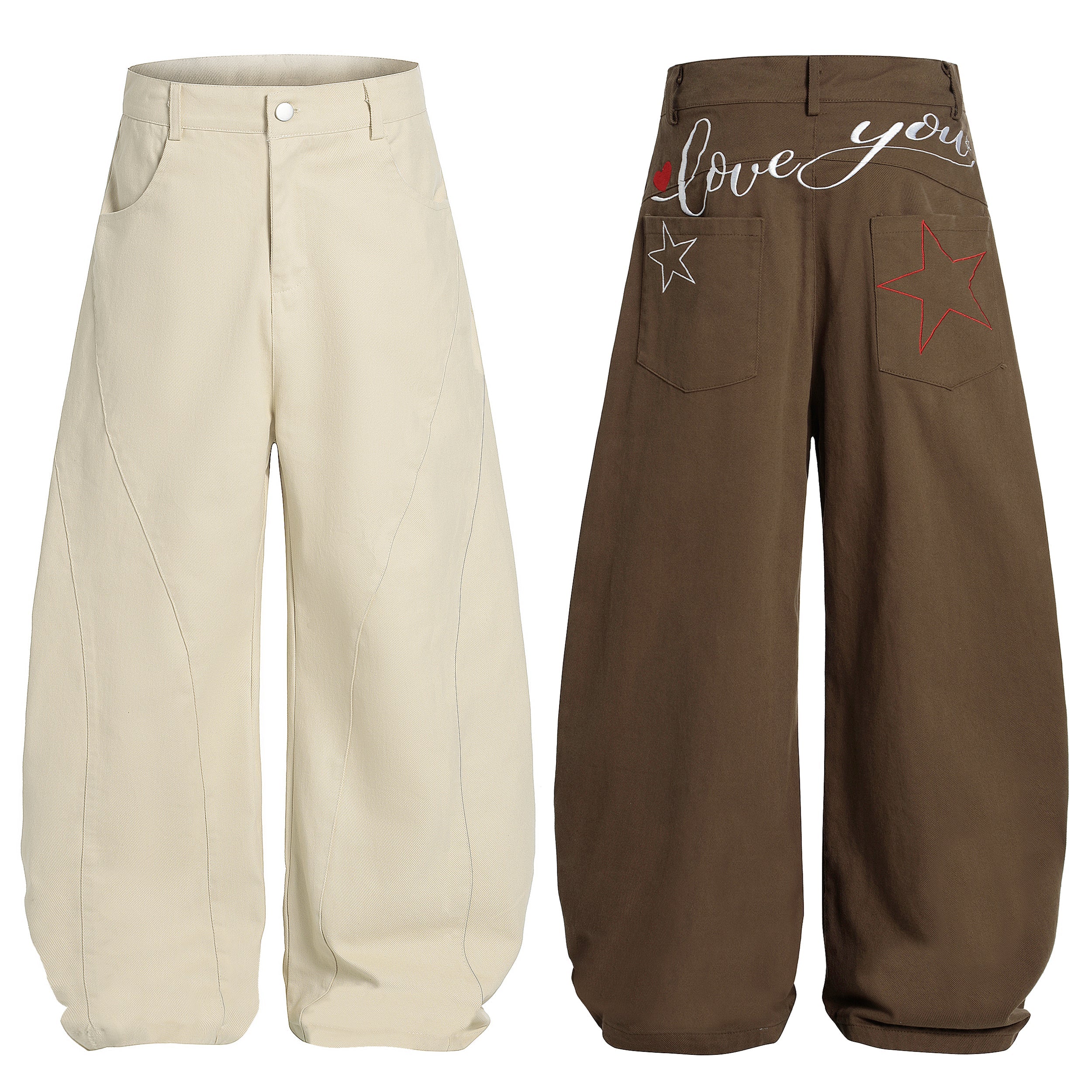 Cream wide-leg canvas pants with curved seam panel stitching, front and back views showing star embroidery and love you scrip