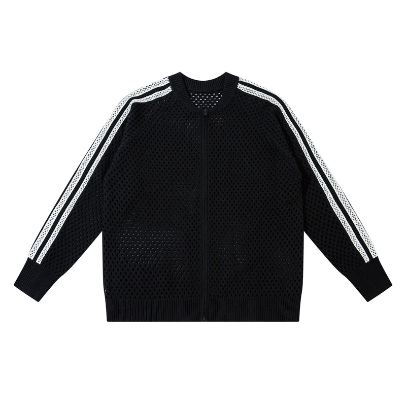 Black open-knit zip-up jacket with white shoulder stripes, front view