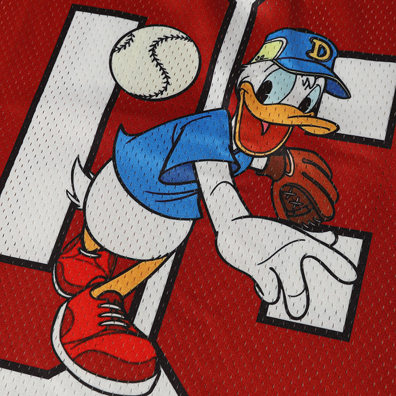 Donald Duck graphic football jersey design in red and white with a baseball-themed cartoon print and number 08 streetwear style