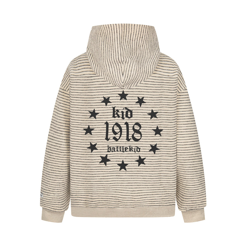 Back view of cream striped knit zip hoodie with black Battlekid 1918 star graphic