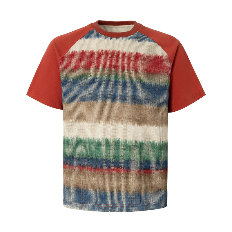 Gradient stripe raglan T-shirt with rust red contrast sleeves and multicolor crewneck knit pattern