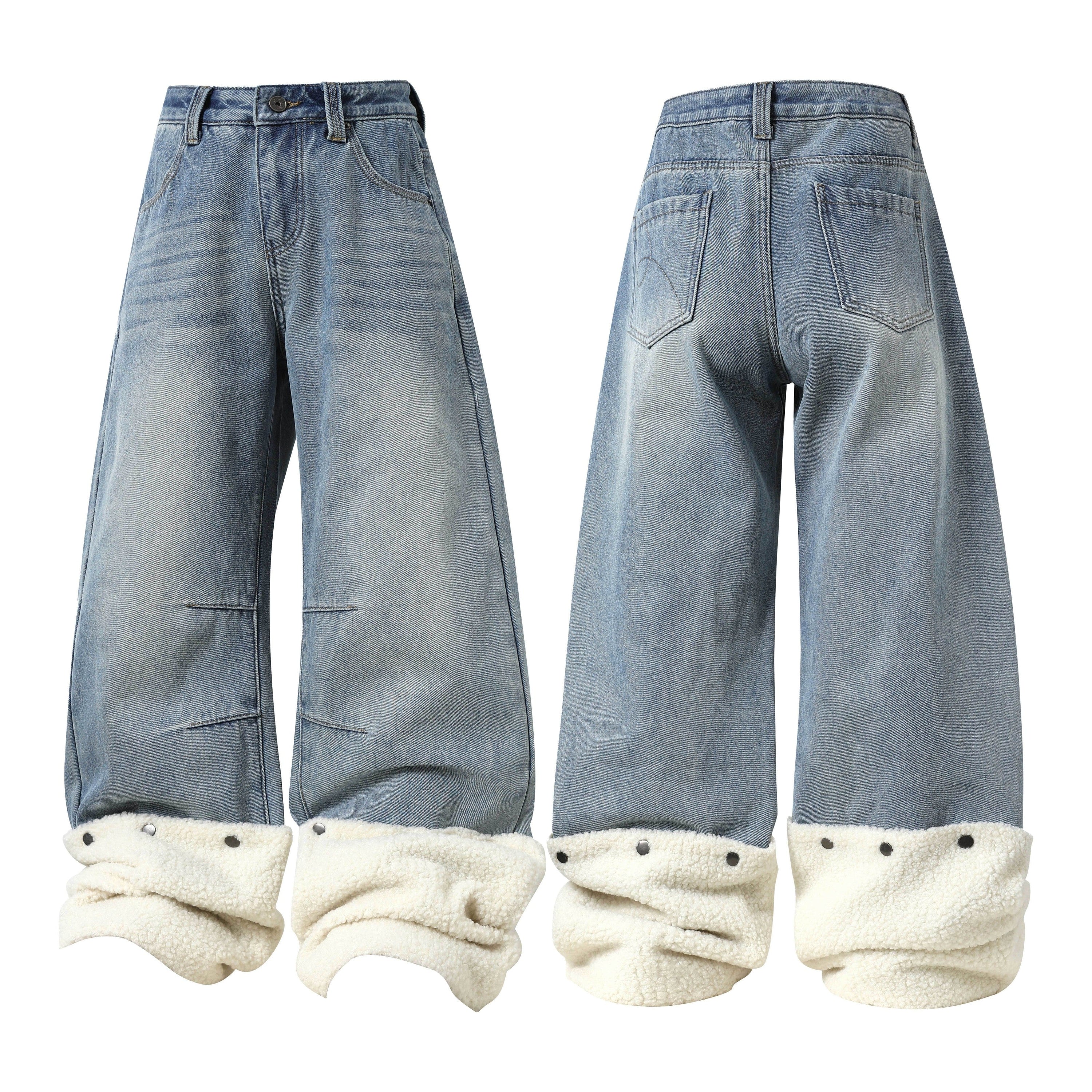 Front and back view of wide-leg washed blue denim jeans with cream fleece fold-over cuffs and snap-button hems