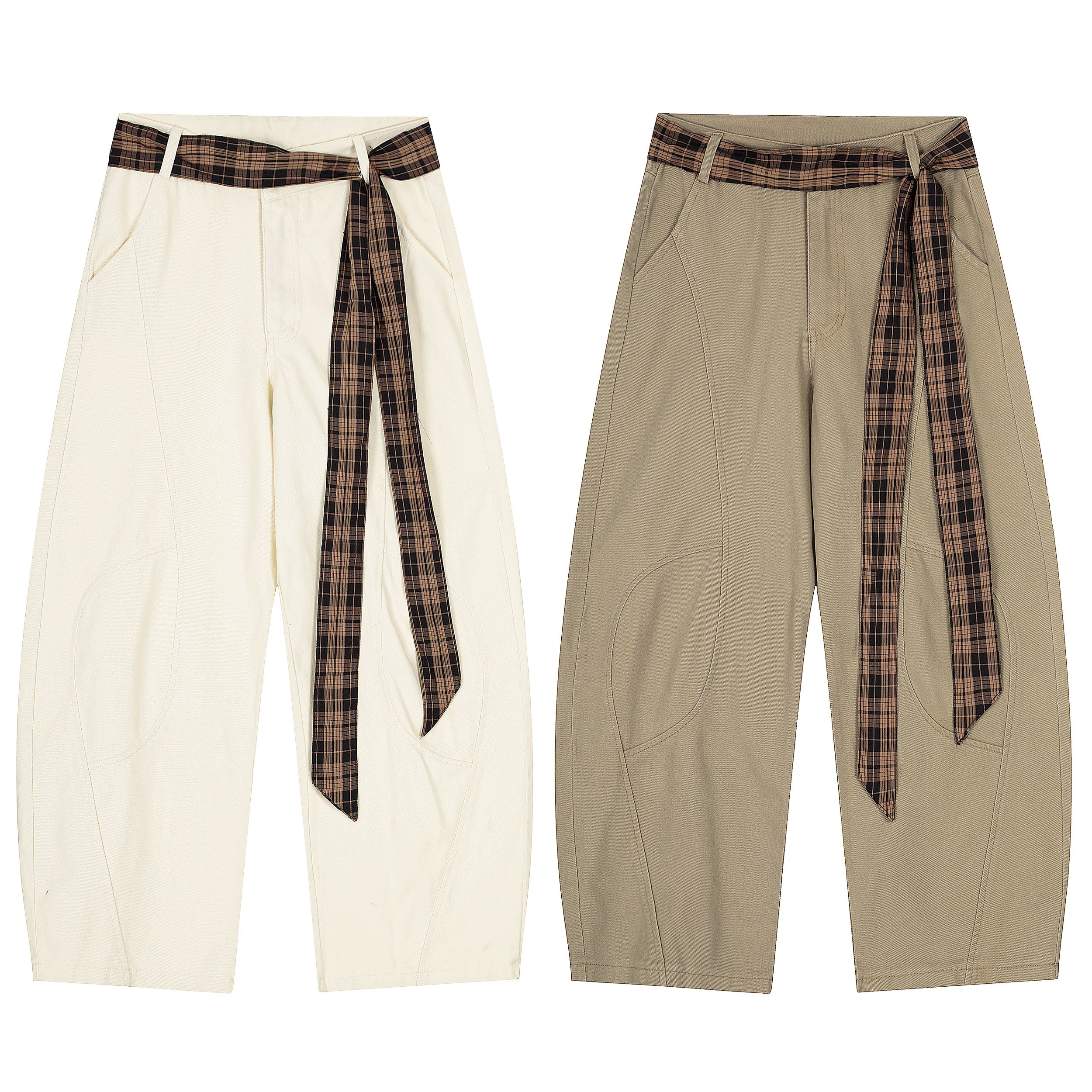 Off-white and khaki arc wide-leg pants with brown plaid tie belt and curved seam detailing, flat lay on white background