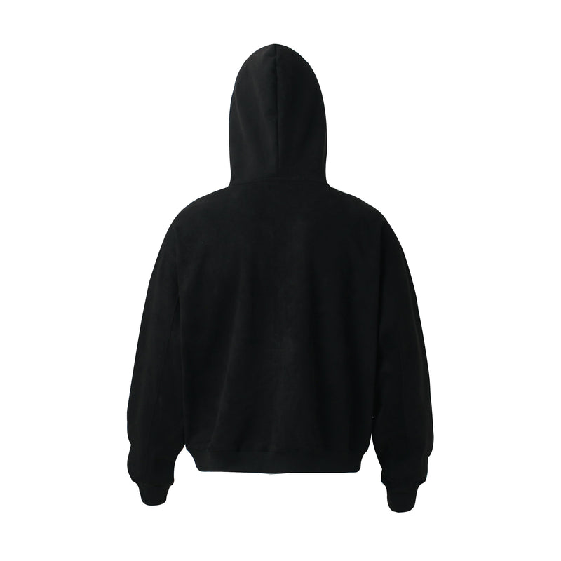 Black suede zip hoodie shown from the back, with hood and ribbed hem