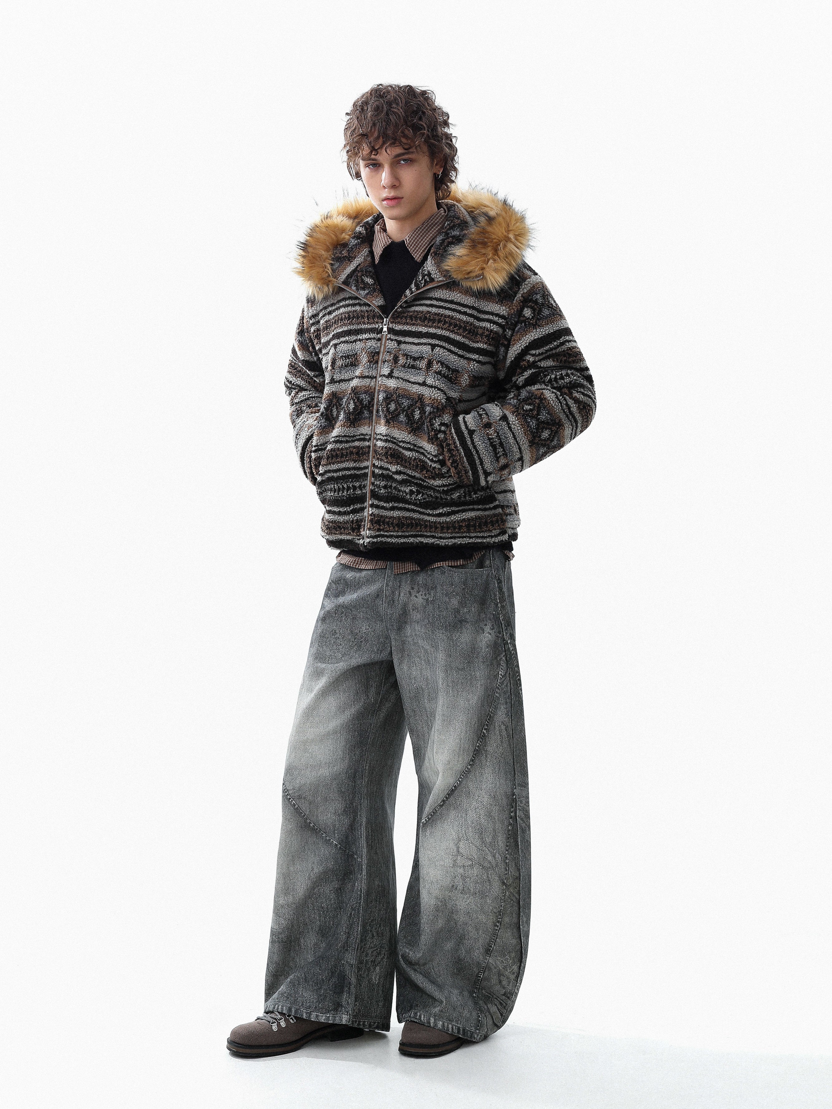 Nordic Faux Fur-Trim Hooded Zip Jacket | Ethnic Pattern