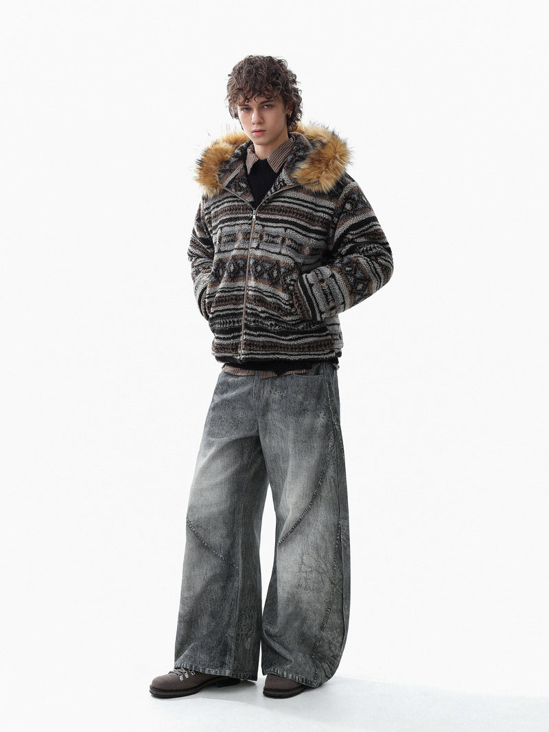 Nordic Faux Fur-Trim Hooded Zip Jacket | Ethnic Pattern
