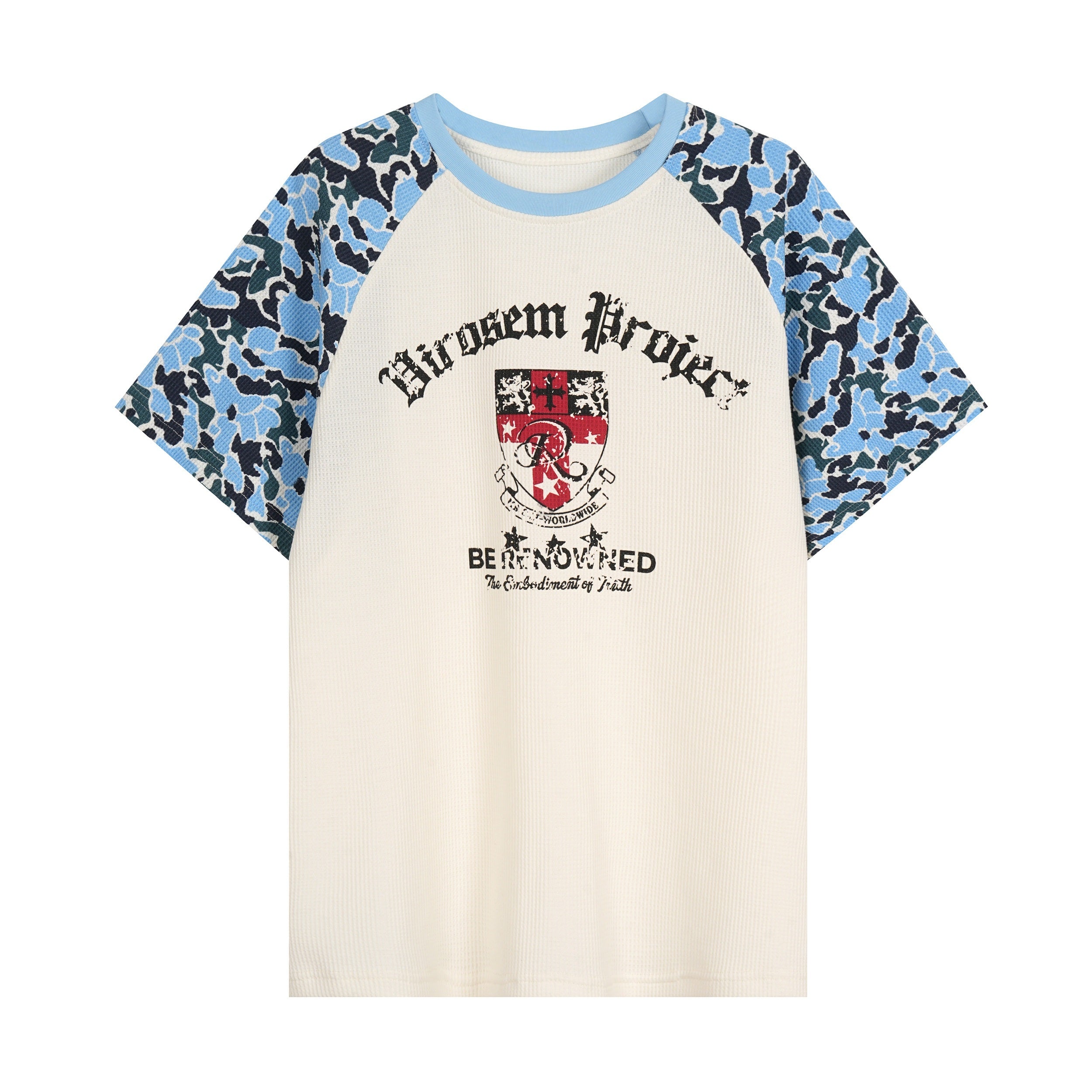 Cream raglan t-shirt with blue camo sleeves and distressed crest graphic print on the front