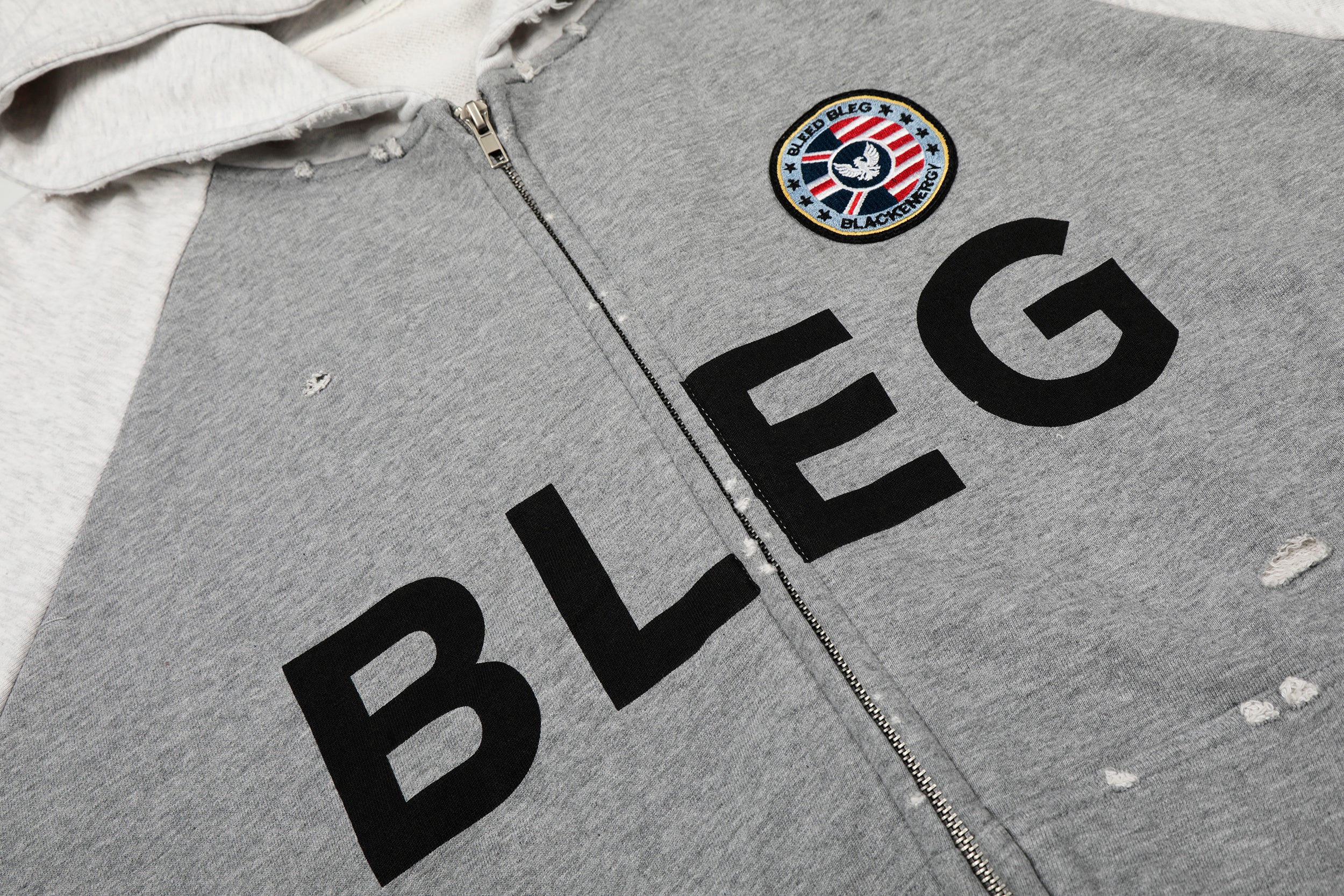 BLEG Graphic Zip-Up Hoodie | Distressed Streetwear Fleece