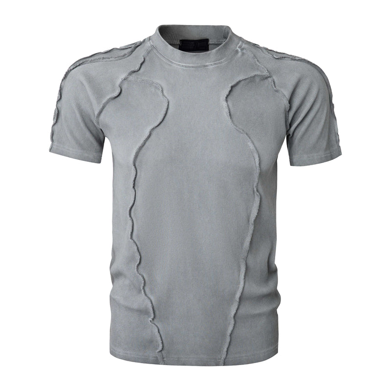 Gray deconstructed ribbed compression tee with raw seam detailing and short sleeves on a white background