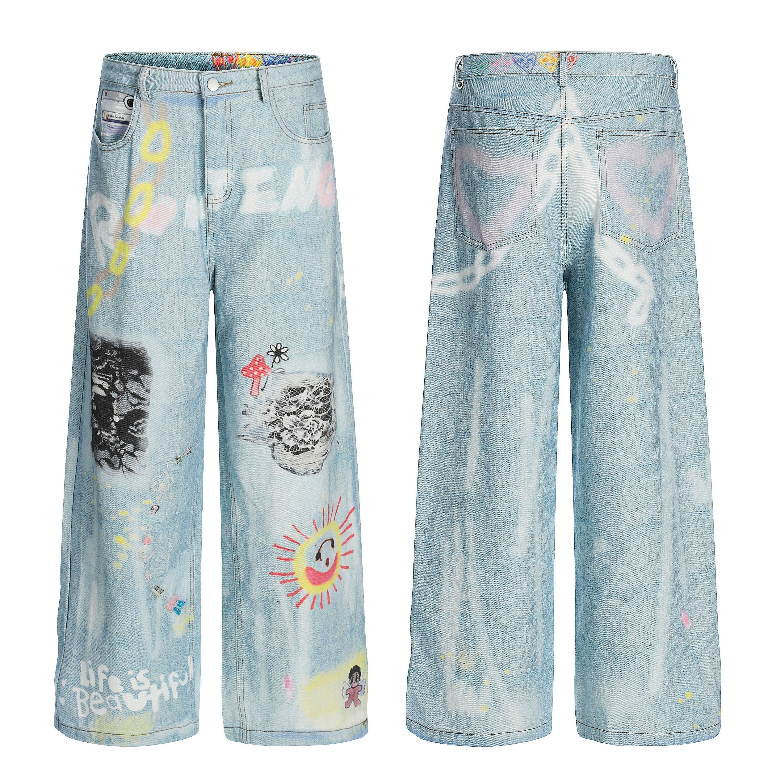 Omirad Life Is Beautiful graffiti wide-leg jeans in light wash denim with hand-drawn sun, mushroom, and lace-print artwork, f