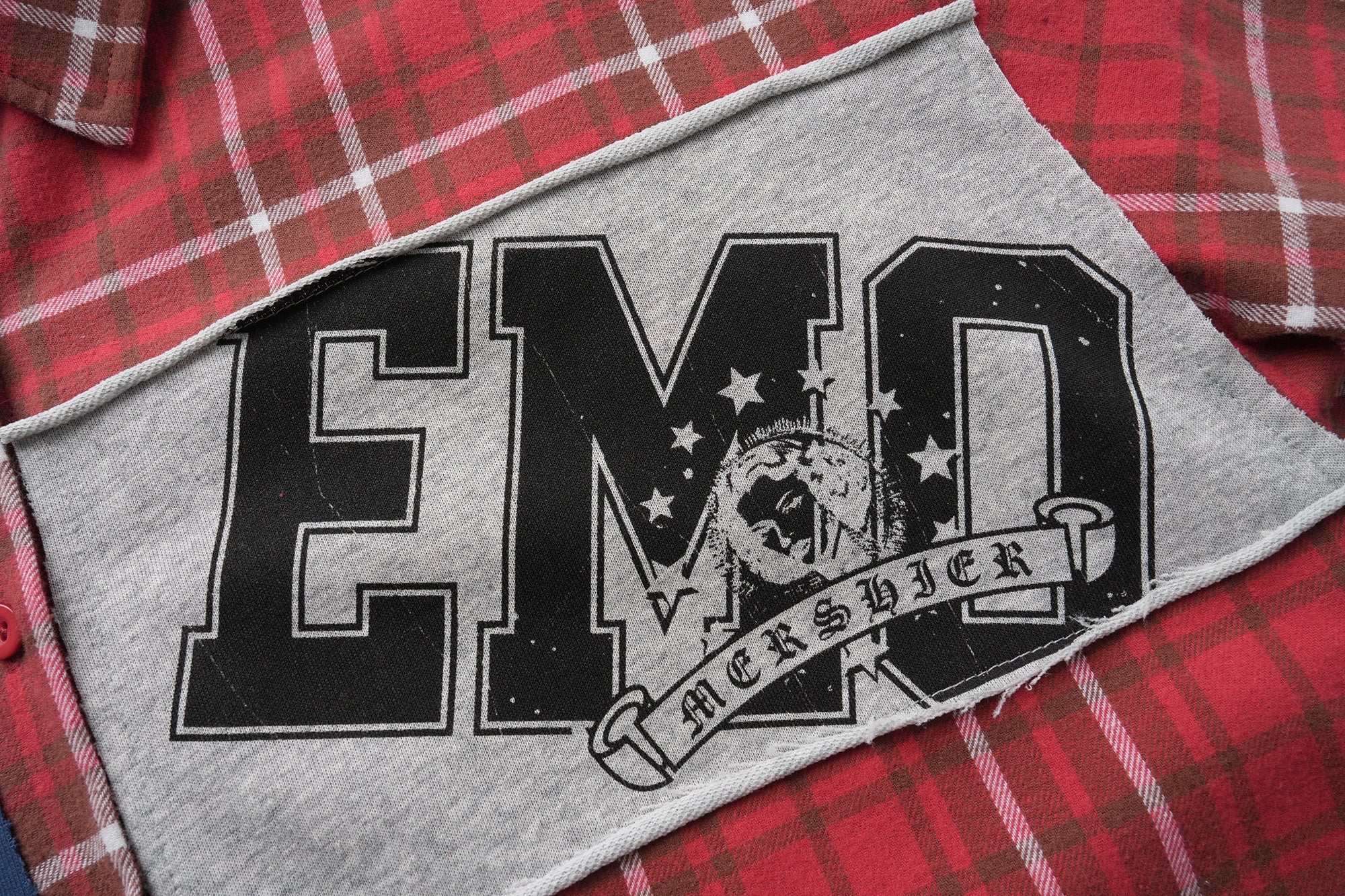 Red Plaid Patchwork Flannel Shirt | Varsity Chest Panels