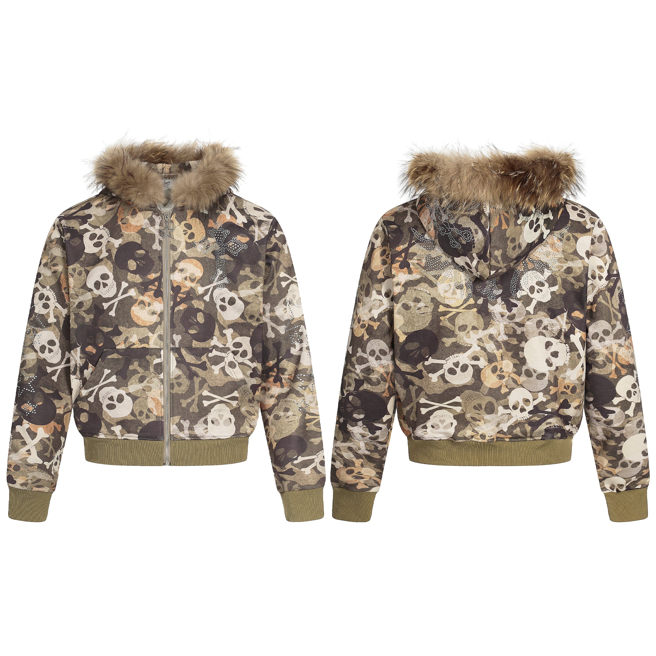 Front and back view of a skull camo print bomber jacket with faux-fur hood trim and olive ribbed cuffs