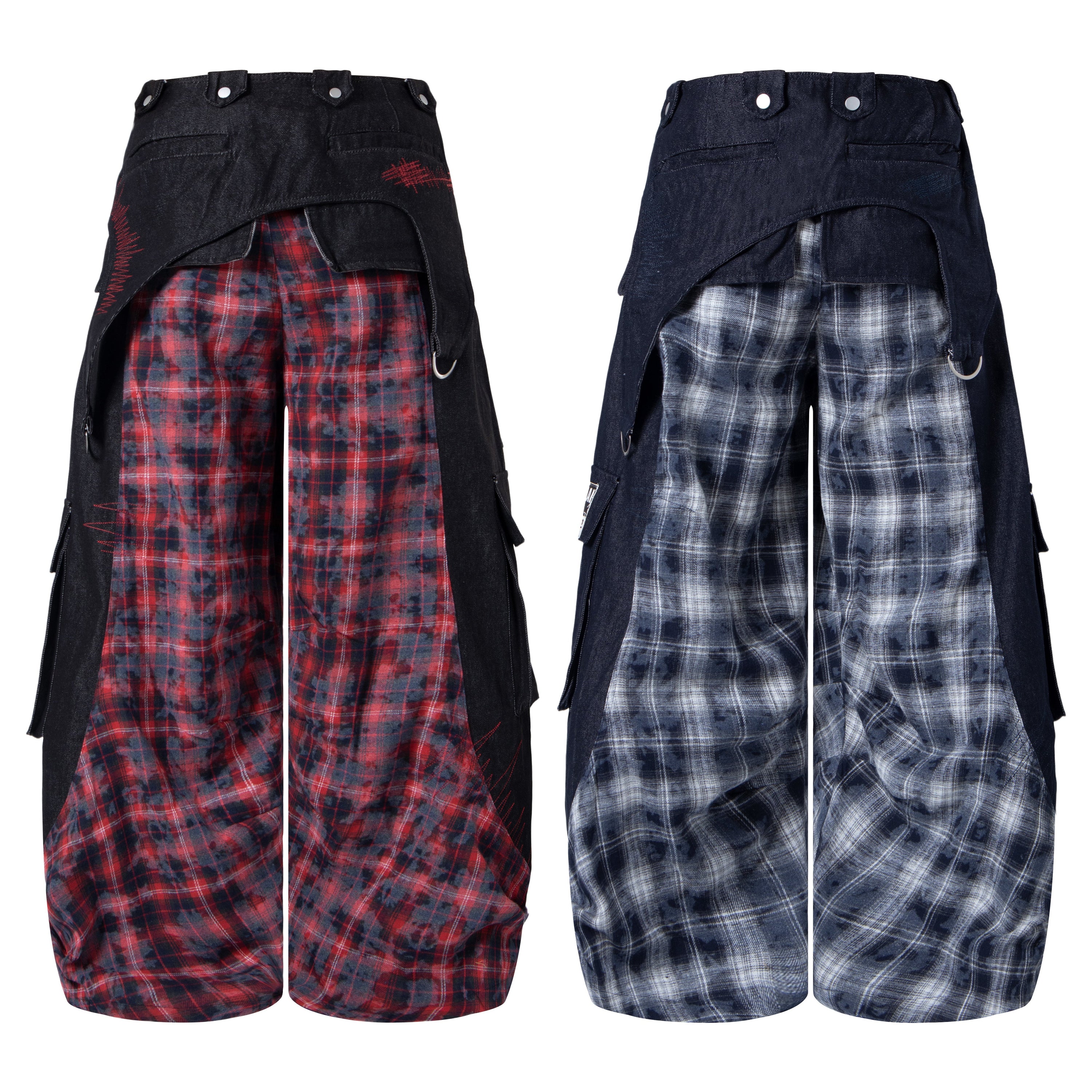 Punk Layered Plaid Panel Wide-Leg Cargo Pants | SEAKOFF