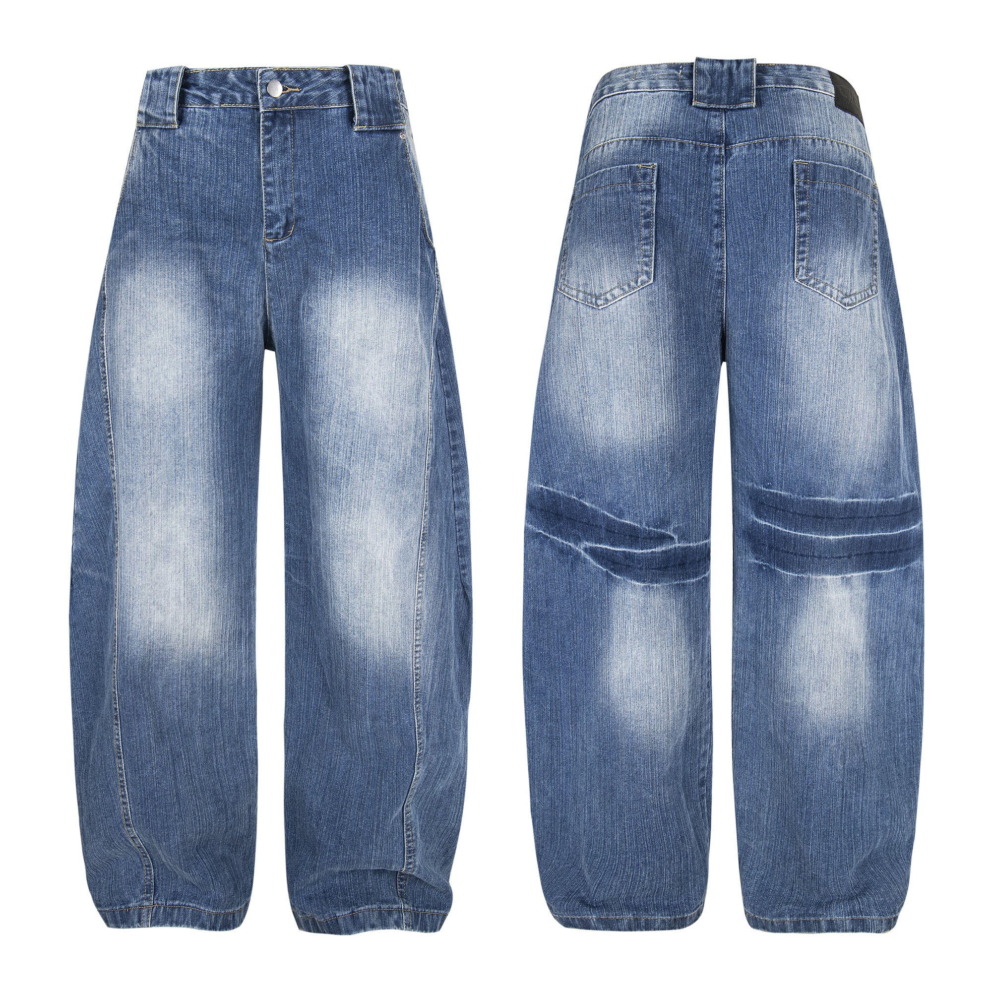 Front and back view of wide-leg highlight fade curved-panel blue denim pants with gathered hems on white background