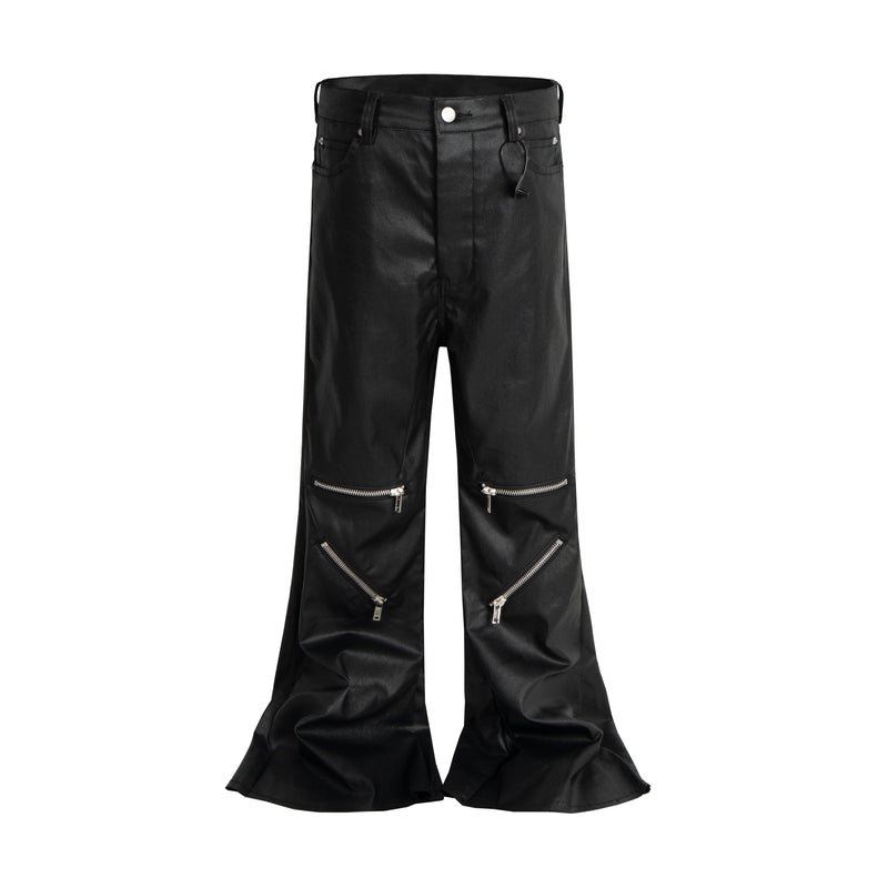 Black leather-effect flare pants with front zip details and wide flared hems