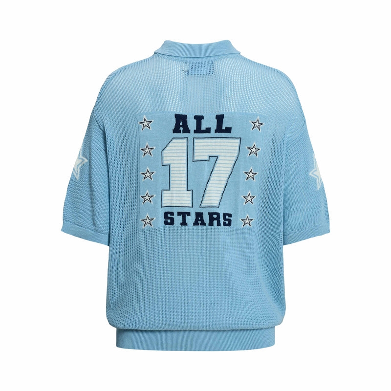 Light blue knit polo shirt with varsity-style 17 stars graphic on the back and short sleeves