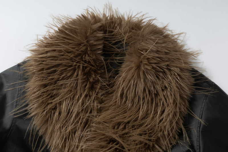 Omirad Faux-Leather Fur Trim Cropped Bomber Jacket