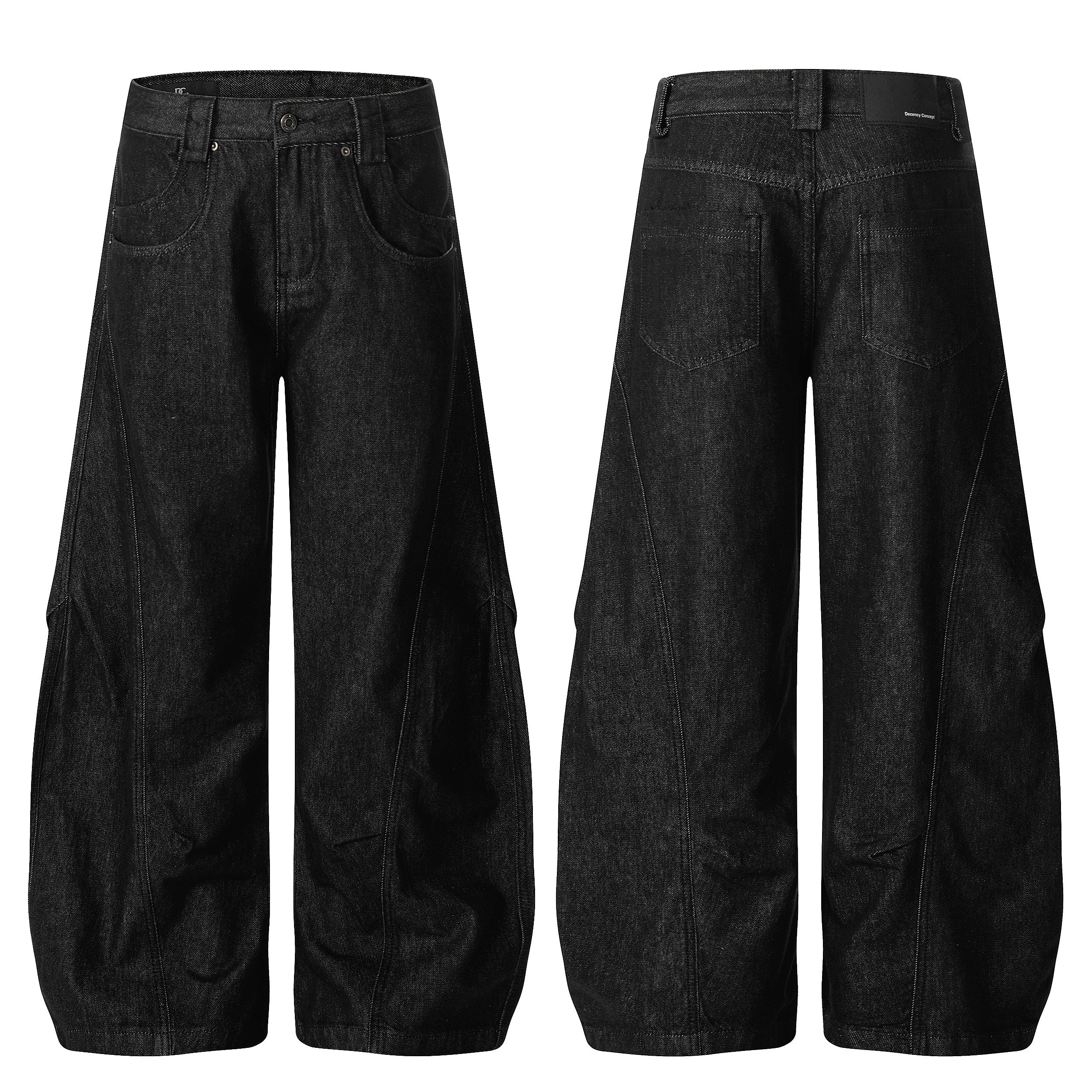 Front and back view of black structured panel balloon wide-leg jeans with sculpted side panels and tonal stitching