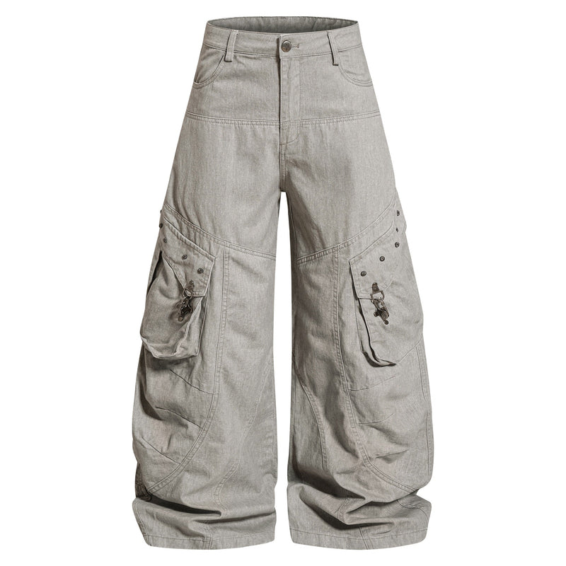 Beige utility balloon cargo pants, front view with wide legs and flap pockets