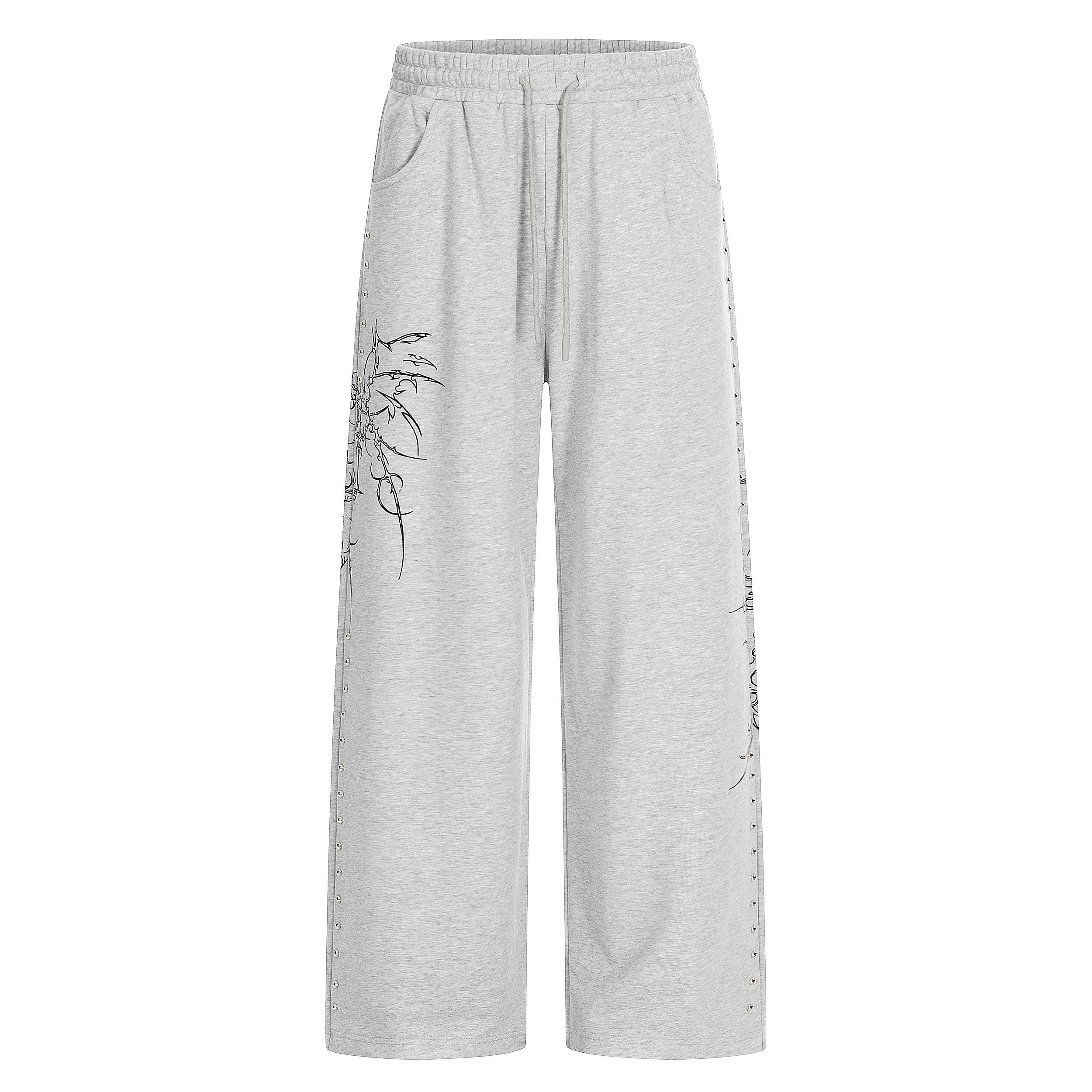 Gothic Line Graphic Wide-Leg Sweatpants with Side Rivets