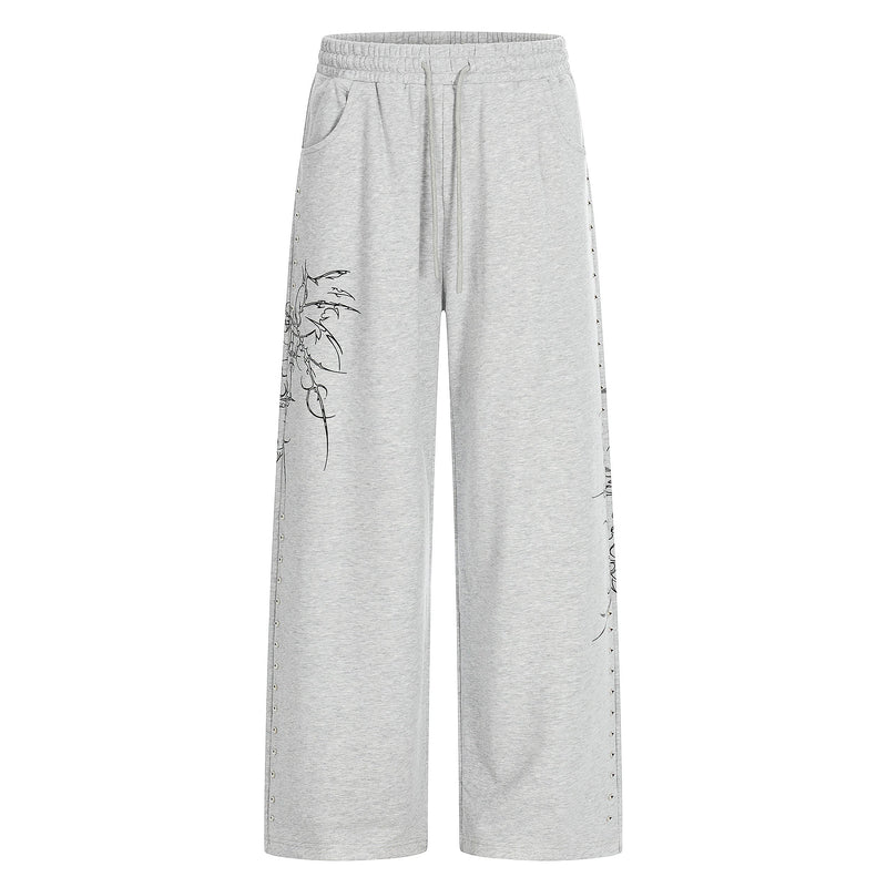 Gothic Line Graphic Wide-Leg Sweatpants with Side Rivets