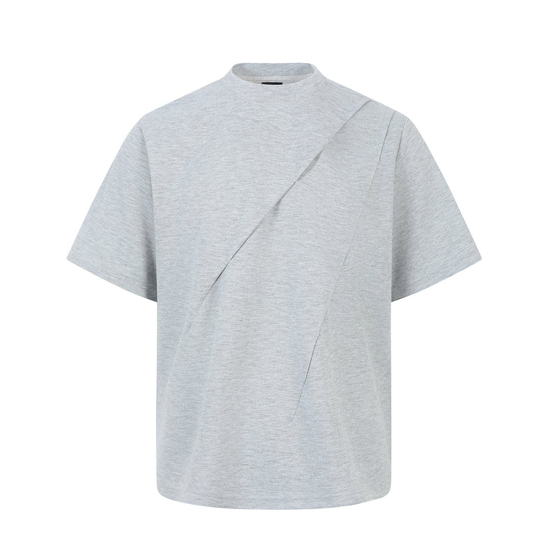 Light gray oversized tee with a high neck and diagonal asymmetrical seam detail on a clean white background