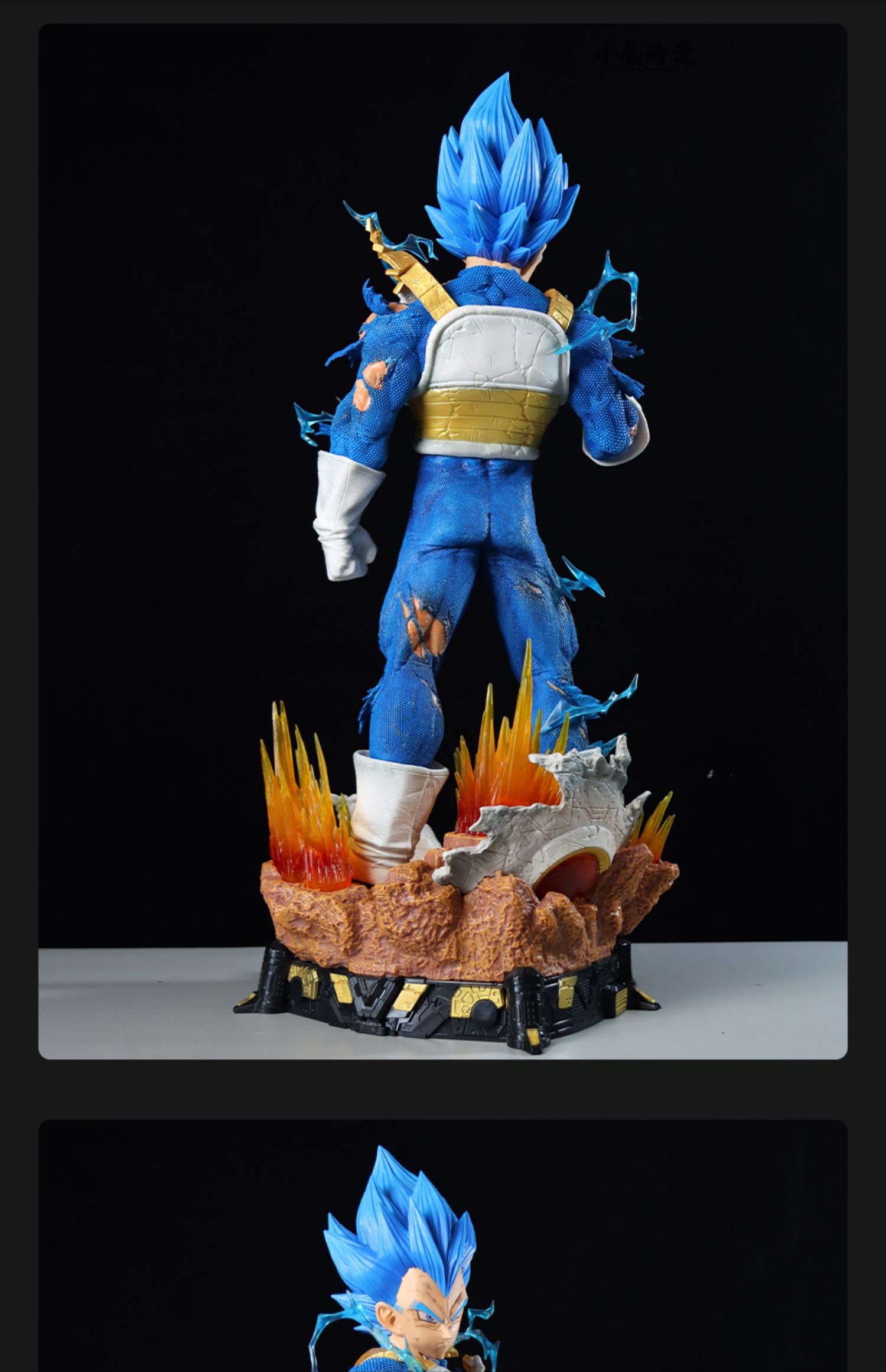 The Seakoff Vegeta Collectible Figure from Dragon Ball Z, 55cm tall, features 3 interchangeable heads—Super Saiyan, Super Saiyan Blue, and Normal forms. The figure sports a battle-damaged blue outfit with dynamic yellow and orange energy effects swirling around the base.