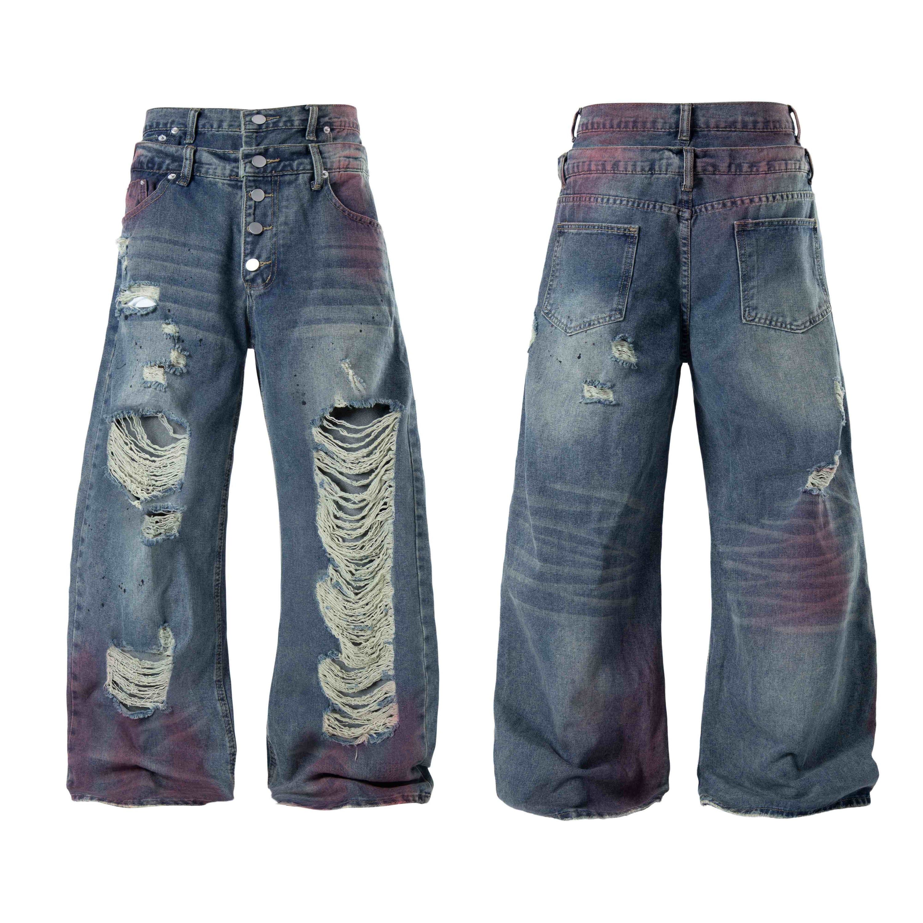 Omirad Distressed Washed Wide-Leg Jeans | Heavy Rip Denim