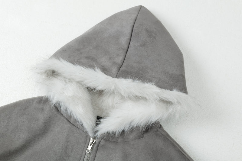 Faux-Fur Lined Suede Hoodie Bomber Jacket | Omirad