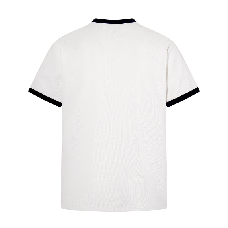 White ringer T-shirt with black collar and sleeve trim, shown from the back on a plain background