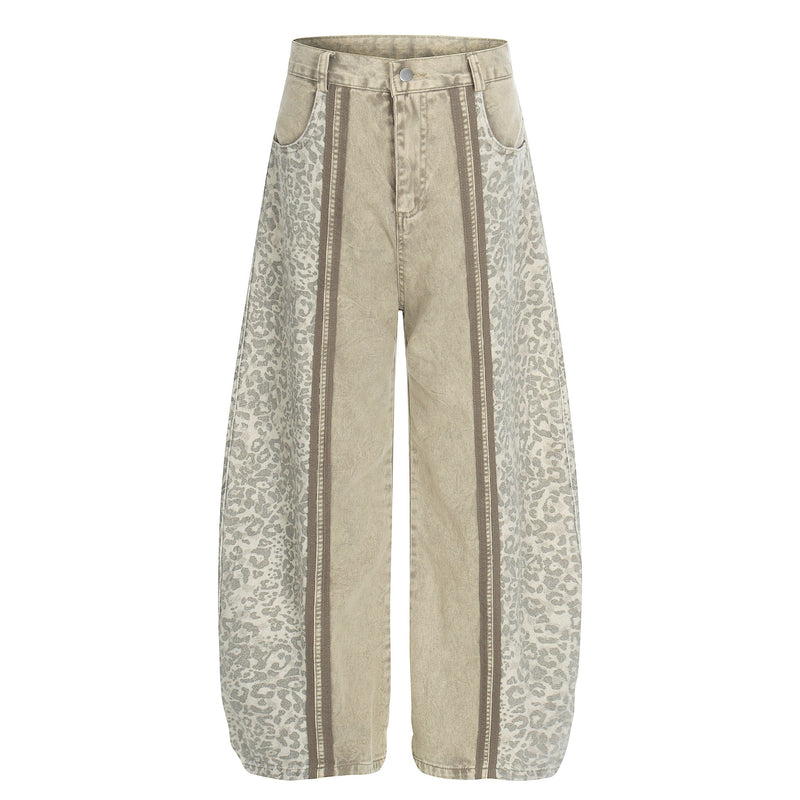 Beige leopard panel wide-leg jeans, full front view