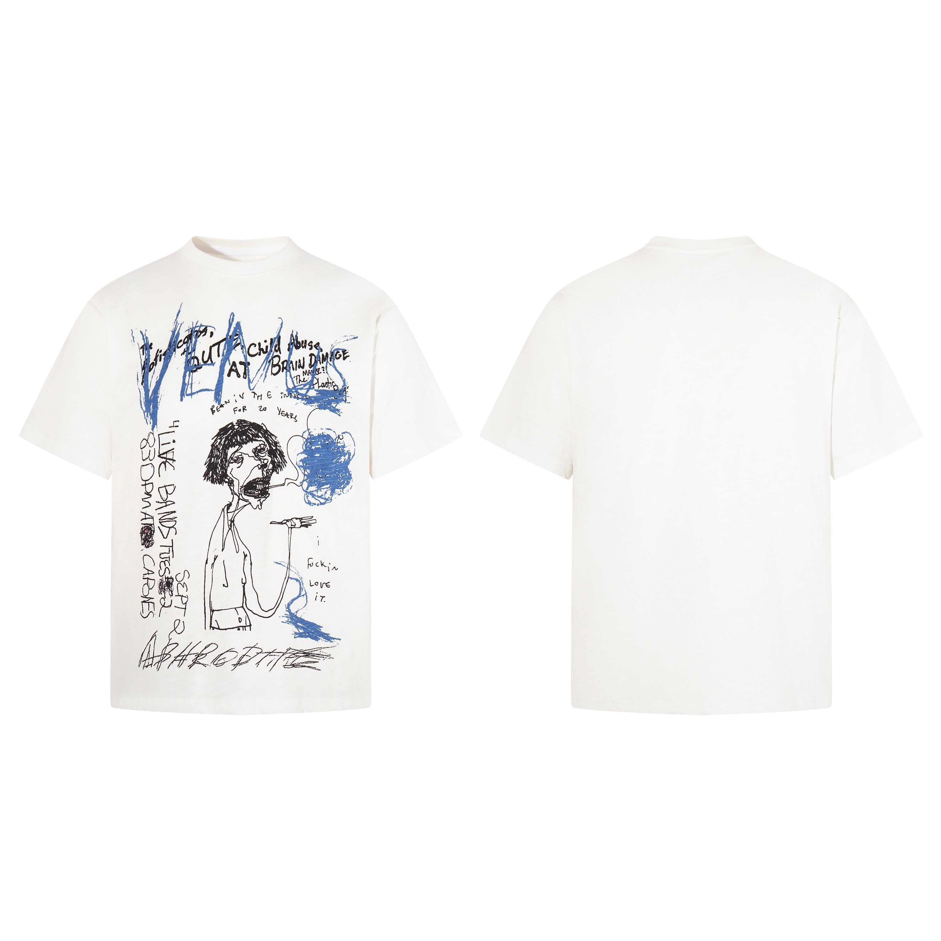 White oversized graphic t-shirt with hand-drawn sketch illustration, blue crayon strokes, and layered punk text print on the
