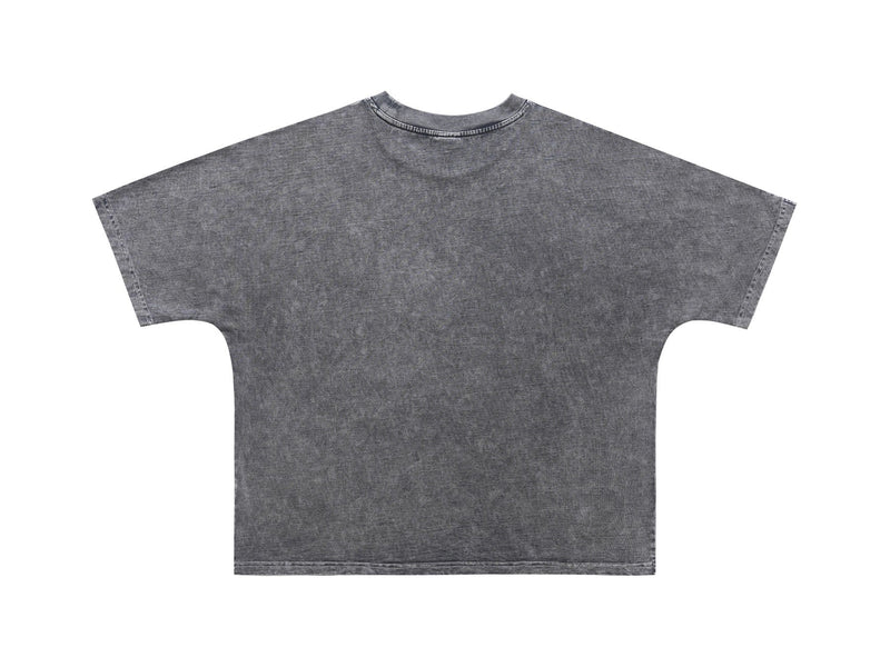 Vintage wash oversized gray graphic tee with relaxed fit and faded mineral-dyed texture
