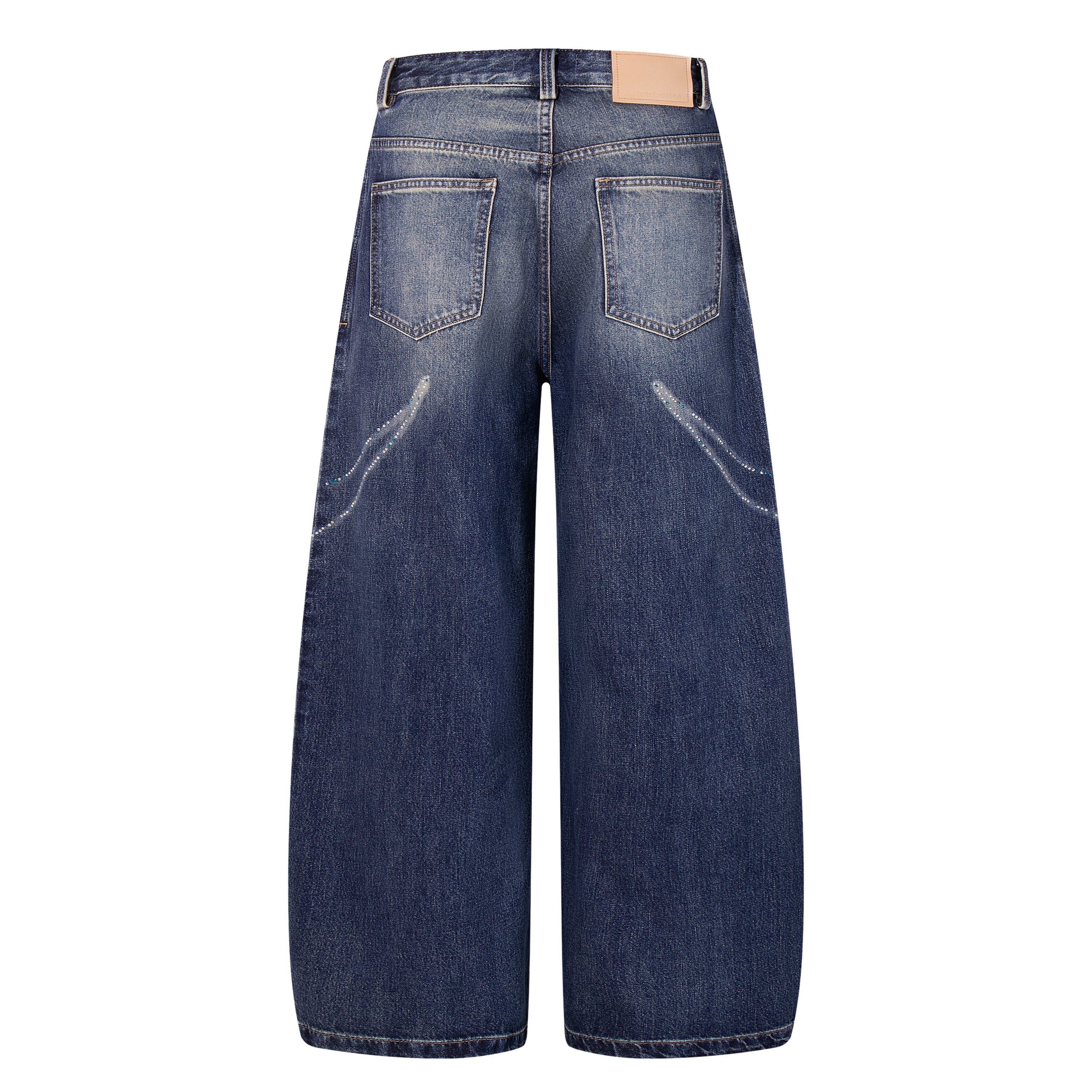 Rhinestone Wave Wide-Leg Jeans | Mid-Blue Washed Denim