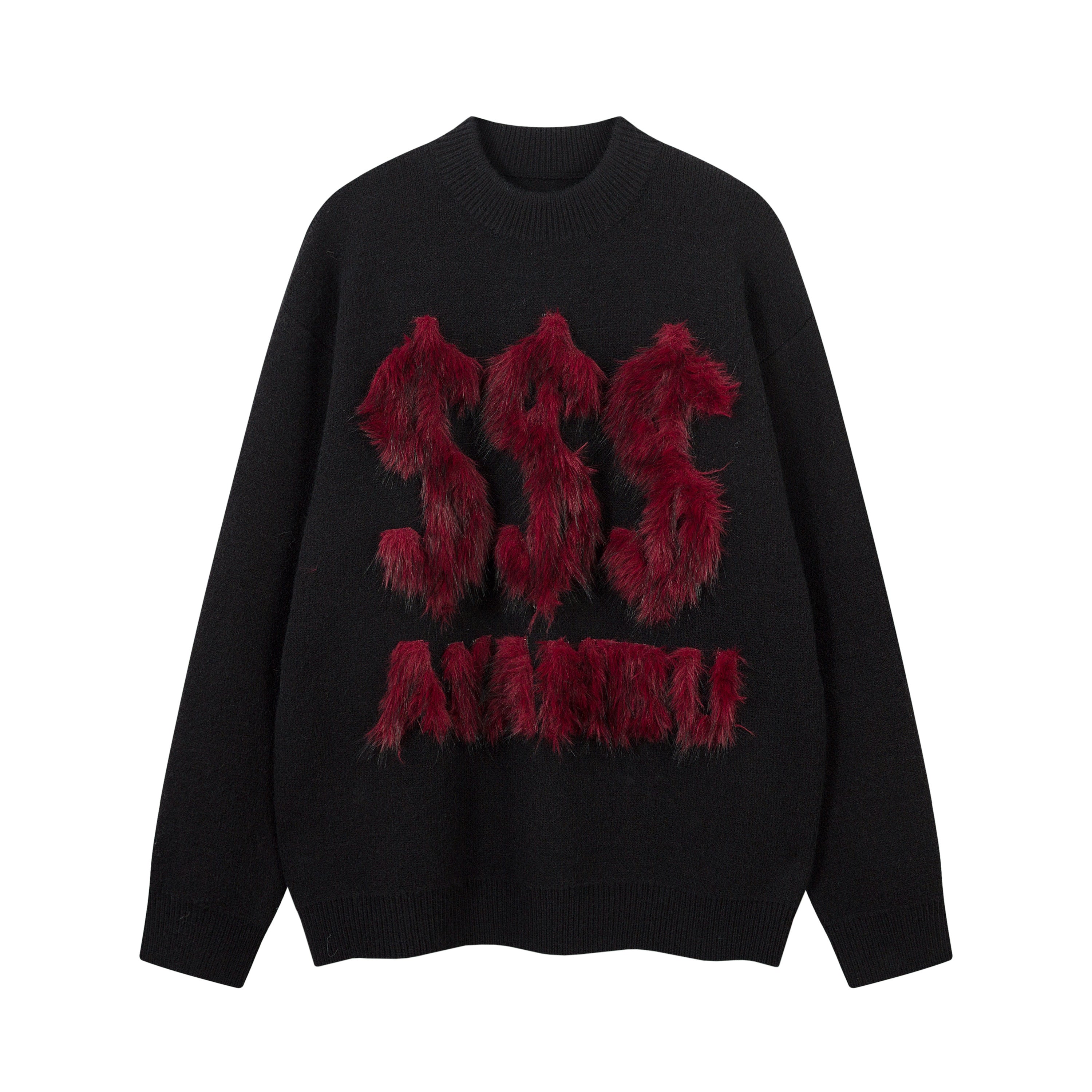 Black knit sweater with bold dark red 3D faux-fur raised lettering on the chest, relaxed fit with ribbed neckline