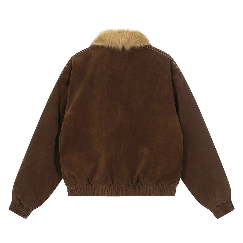 Gothic Cross Embroidered Faux Fur Collar Bomber Jacket