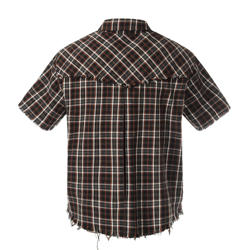 Distressed plaid short sleeve shirt with raw edge hems in brown, black, and white streetwear style