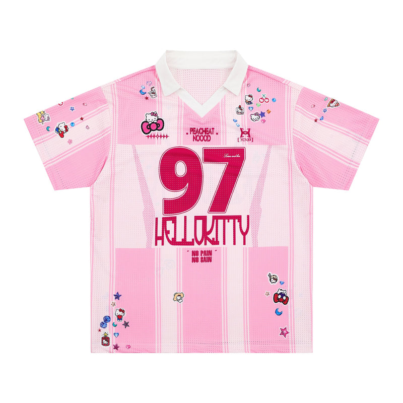 Pink Hello Kitty varsity mesh jersey with white collar, striped sleeves, and large 97 graphic print