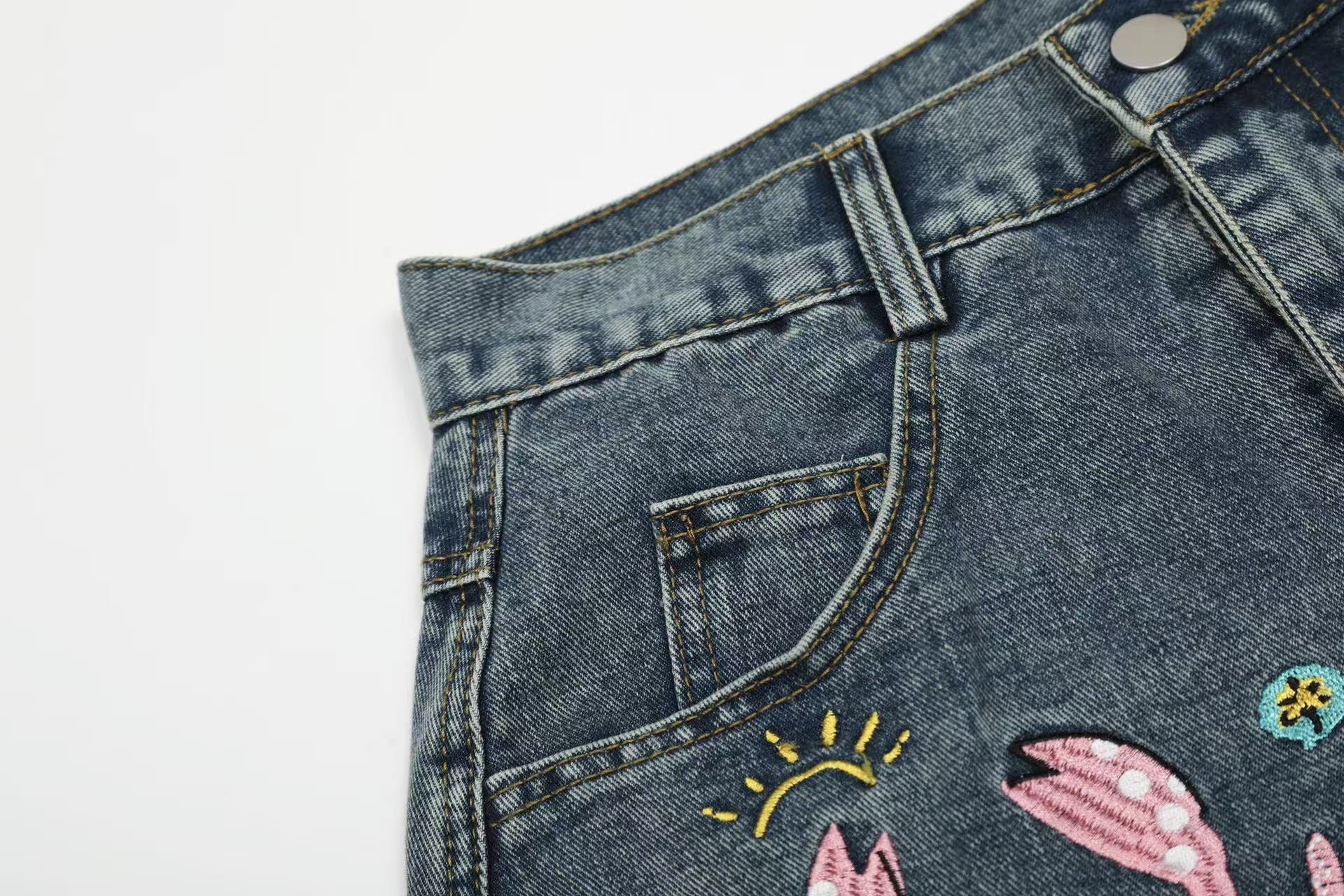 Tropical Embroidered Wide-Leg Denim Jeans | Beach Streetwear