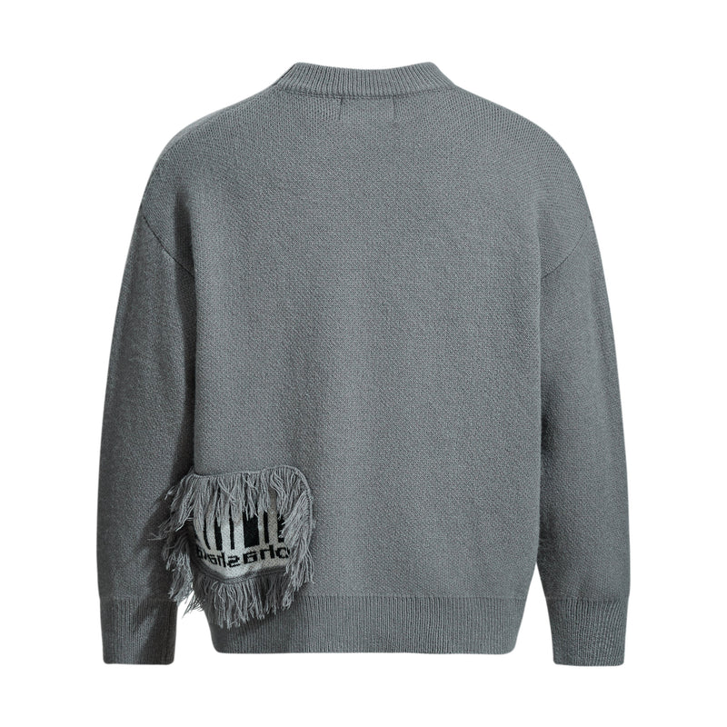 Gray knit sweater back view with plain ribbed collar and hem