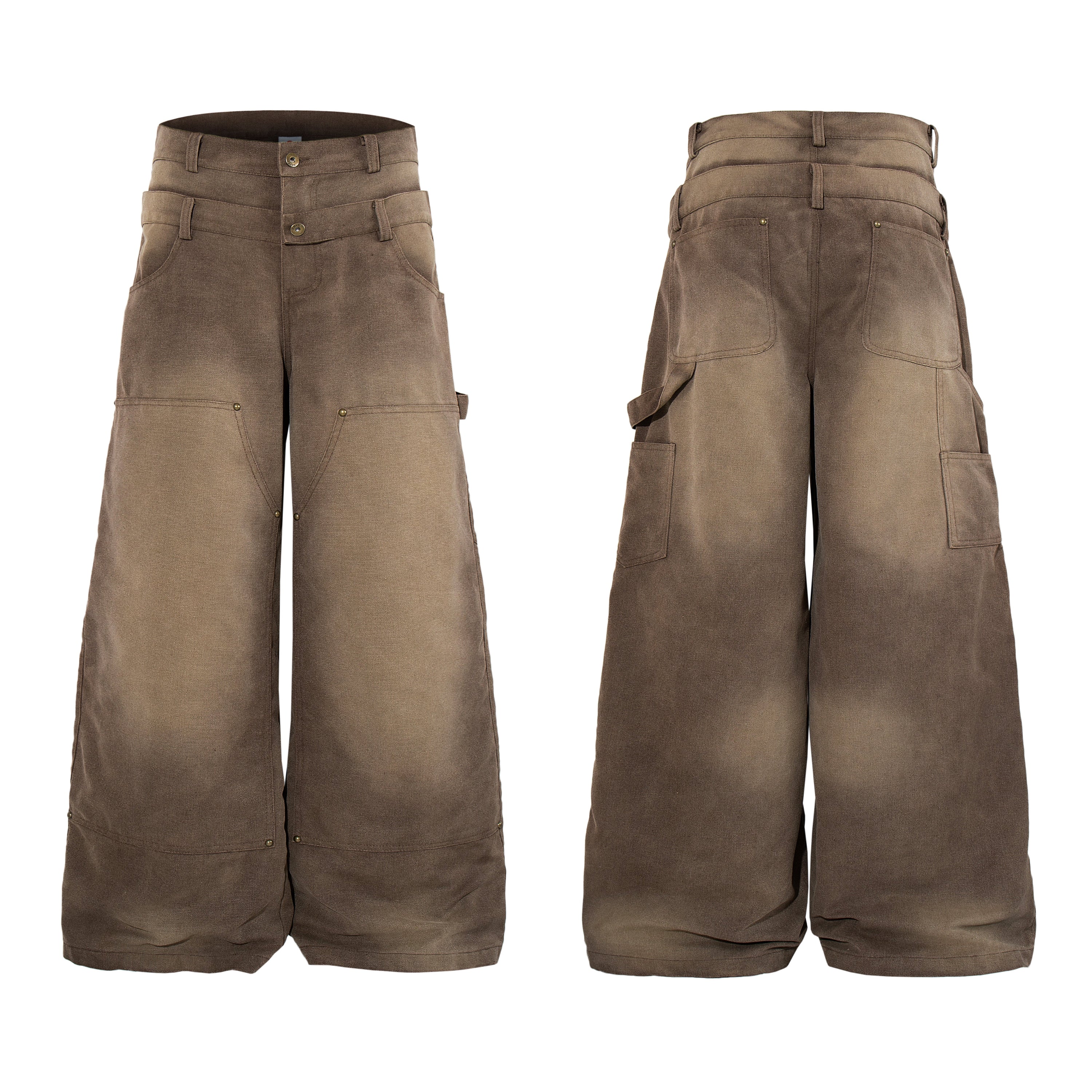 Front and back view of brown vintage washed wide-leg carpenter pants with brass rivets and utility pockets