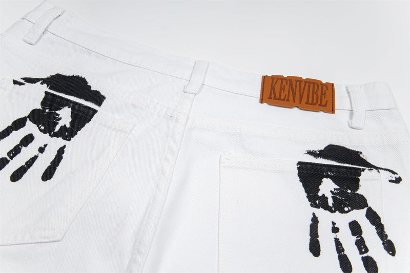 Omirad Handprint White Denim Pants | Wide-Leg Street Style
